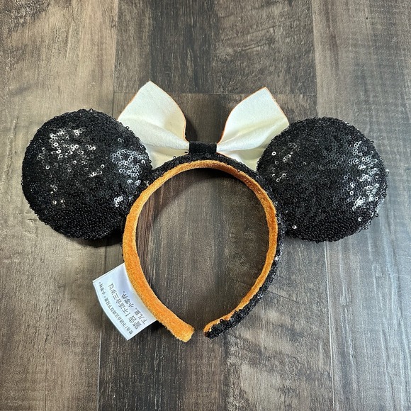 Disney Parks Halloween Candy Corn Bow Black Sequin Minnie Ears Headband - Picture 2 of 2